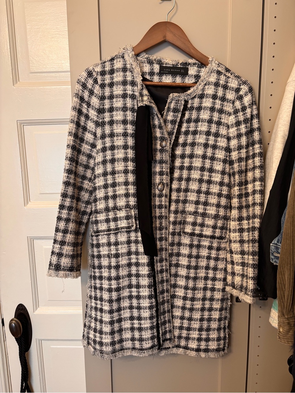 Zara Black & White Plaid Tweed Coat
